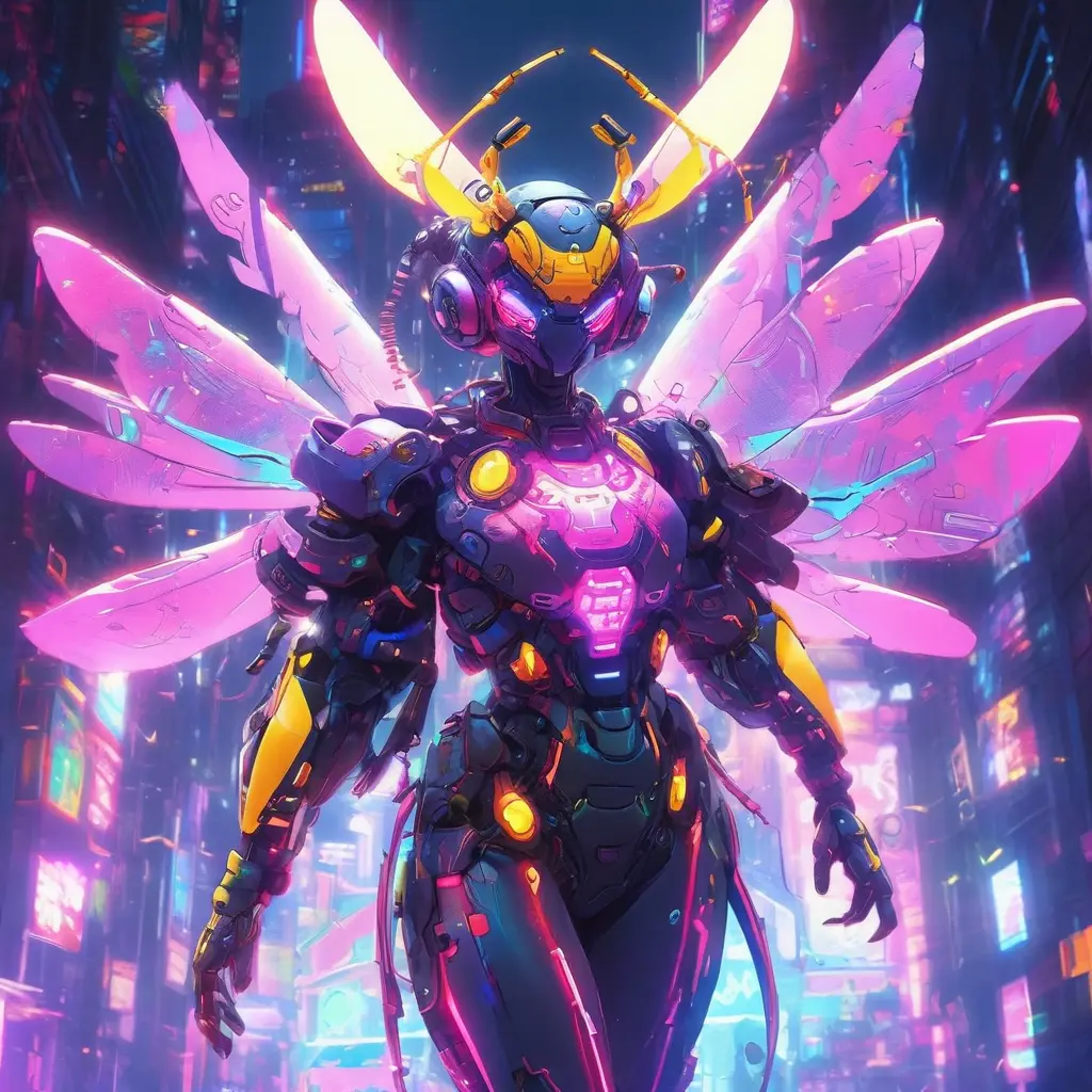 A Cyberpunk half bee and half Human girl with vizor, Cybernatic and Sci-Fi, Cityscape, Bloom light effect, Colorful, Ecstatic, Exciting, Joyful