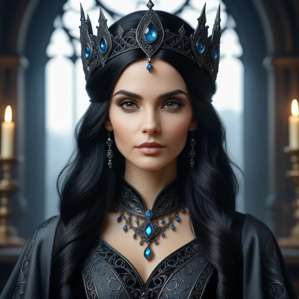 Alluring portrait of a beautiful gothic black haired sorceress in the style of Stefan Kostic, 8k, High Definition, Highly Detailed, Intricate, Half Body, Realistic, Sharp Focus, Fantasy, Elegant