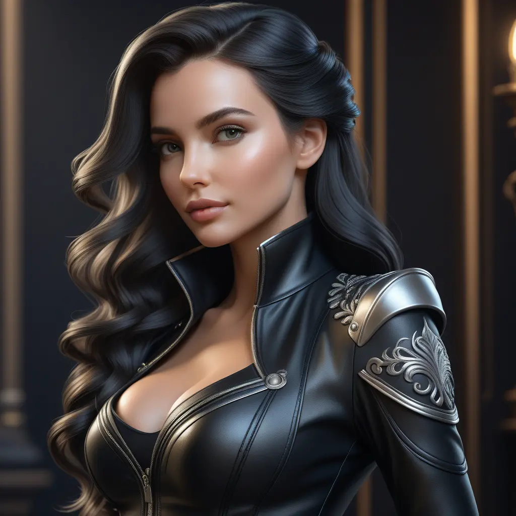 Alluring matte half body portrait of a beautiful Seraphine wearing tight black leather, 8k, Highly Detailed, Intricate, Realistic, Sharp Focus, Volumetric Lighting, Fantasy, Elegant by Stanley Artgerm Lau, WLOP