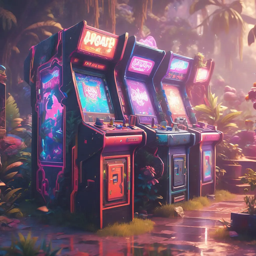 80s futuristic outdoor retro arcade, desolate, lush vegetation, Highly Detailed, Intricate, Artstation, Sharp Focus, Smooth, Octane Render, Centered, Dynamic, Elegant by Beeple, Justin Gerard, James Gilleard, Simon Stalenhag