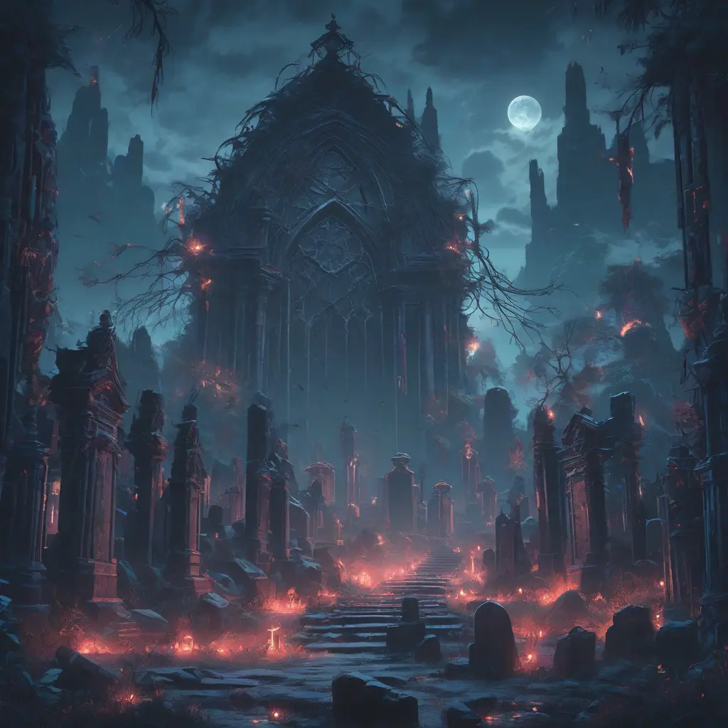 Hyper Detailed illustration of an eerie dystopian graveyard at night, 8k, Gothic and Fantasy, Horror, Epic, Sharp Focus, Deviantart by Alena Aenami, Studio Ghibli