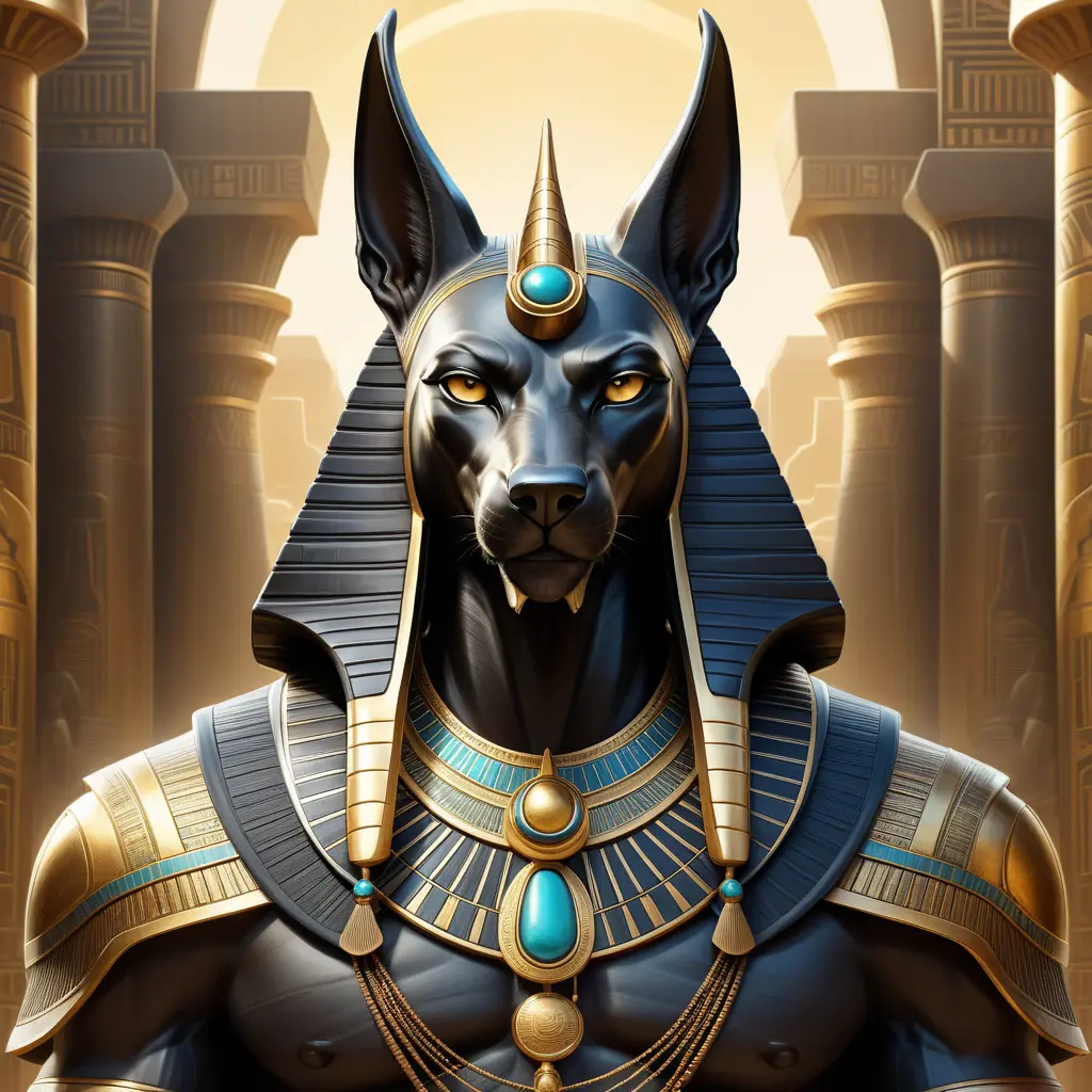 close up fierce looking egyptian god Anubis, 4k, Highly Detailed, Hyper Detailed, Powerful, Artstation, Vintage Illustration, Digital Painting, Sharp Focus, Smooth, Concept Art by Stanley Artgerm Lau, Alphonse Mucha, Greg Rutkowski