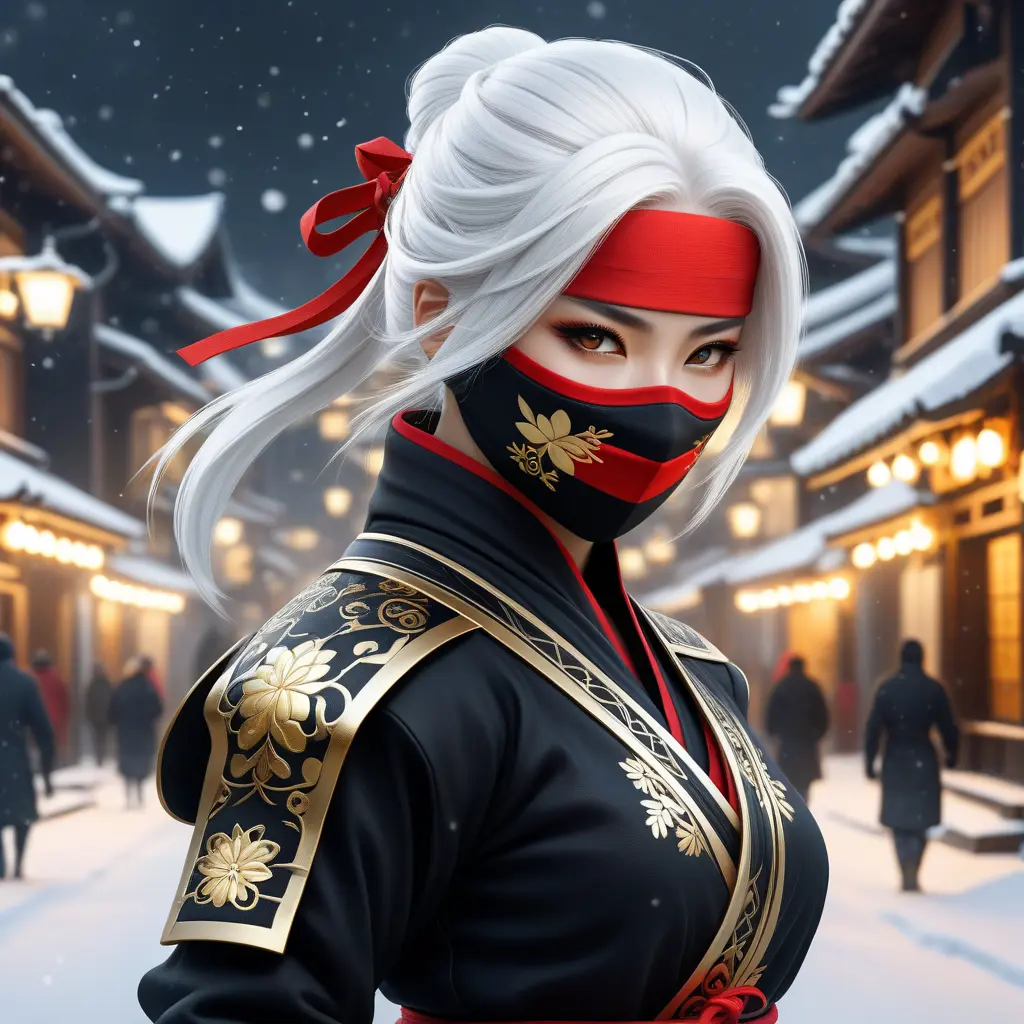 Mysterious beautiful white kunoichi ninja wearing black, red and gold in the streets of a dark snowy town in russia, 8k, Intricate Details, Trending on Artstation, White Hair by Stanley Artgerm Lau, WLOP