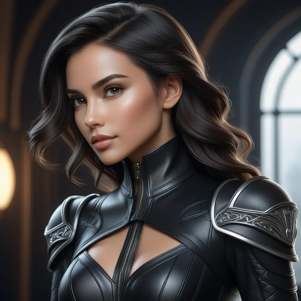 Alluring matte half body portrait of a beautiful Vex wearing tight black leather, 8k, Highly Detailed, Intricate, Realistic, Sharp Focus, Volumetric Lighting, Fantasy, Elegant by Stanley Artgerm Lau, WLOP