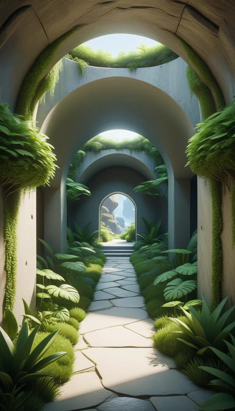 Arc hallway for secret overwatch habitation quarters carved inside a cave surrounding a lush garden, 8k, Trending on Artstation, Minimalism, Unimaginable Beauty, Sharp Focus, 3D Rendering, Unreal Engine, Natural Light, Concept Art, Naturalism