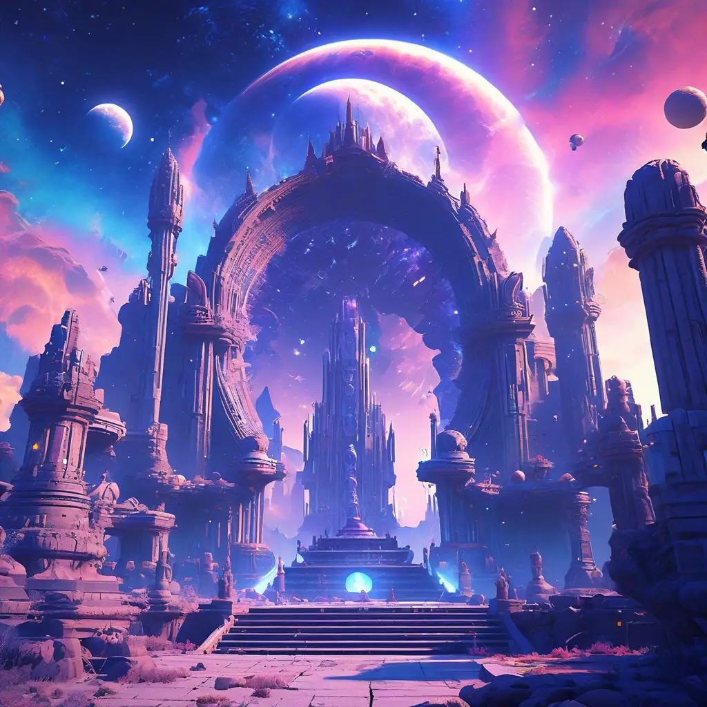 Cosmic round beautiful indigo temple in the center of a futuristic community. Extraterrestrial landscape. Planet sirius. The moon and stars can be seen in the sky even during the day., Sci-Fi, Volumetric Lighting, Vibrant Colors by Greg Rutkowski