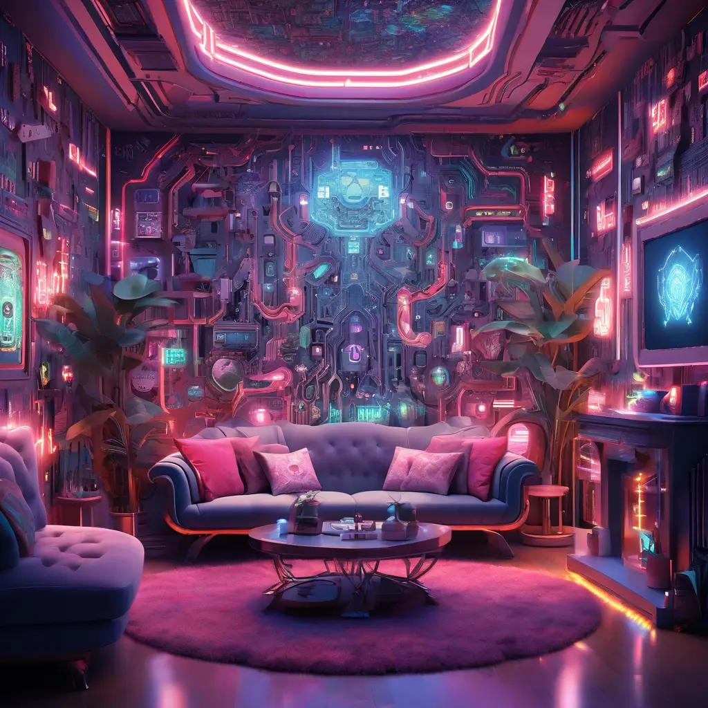 Imagine a modern and technology-inspired living room with a unique twist. The centerpiece of the room is a striking circuit board interior wallpaper that covers one wall. The wallpaper features intricate circuit board diagrams, electronic symbols, and vibrant metallic tones, Vintage Illustration, Retro-Futurism, Sci-Fi by Greg Rutkowski