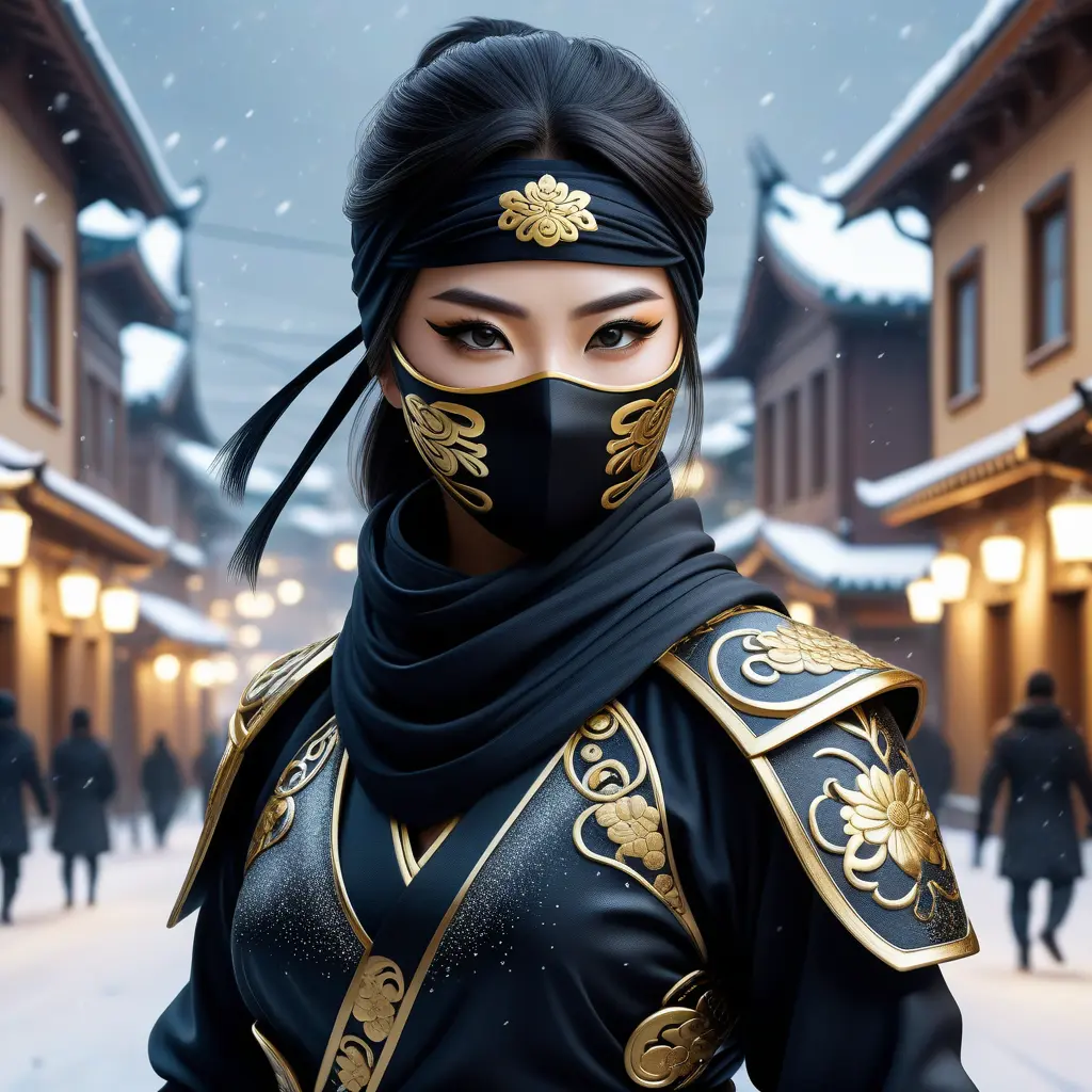 Wallpaper of a mysterious beautiful masked kunoichi ninja wearing eyeliner and gold jewelry in the streets of a dark snowy town in moscow, fluid motion, 8k, Intricate Details, Trending on Artstation, Beautiful, Stunning, Centered by Stanley Artgerm Lau, WLOP