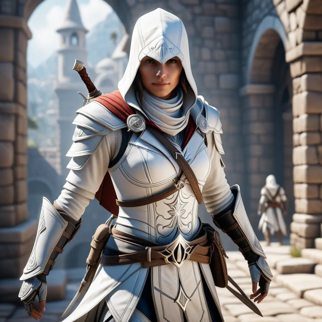 A female assassin in white Assassins Creed armor emerging from battle, 8k, Artstation, Beautiful, Unreal Engine, Volumetric Lighting