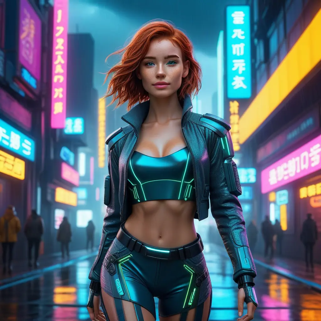 full body shot, beautiful woman walking with beatiful and detailed eyes, dynamic pose, slightly athletic beatiful body, medium-sized chest, detailed attire, Hyper Detailed, Intricate Artwork, Masterpiece, Cybernatic and Sci-Fi, Cyberpunk, Freckles, Full Lips, Red Hair, Smiling, Digital Illustration, Cityscape, Blade Runner 2049, Neon light effect, Realistic, Sharp Focus, Wide Angle, Neon, Dripping Colors, Matte, Futurism, Artwork, Dieselpunk, Colorful, Dynamic, Elegant, Expressive, Graceful, Hot, Gloomy, Sad, Stormy, Terrifying, Tired