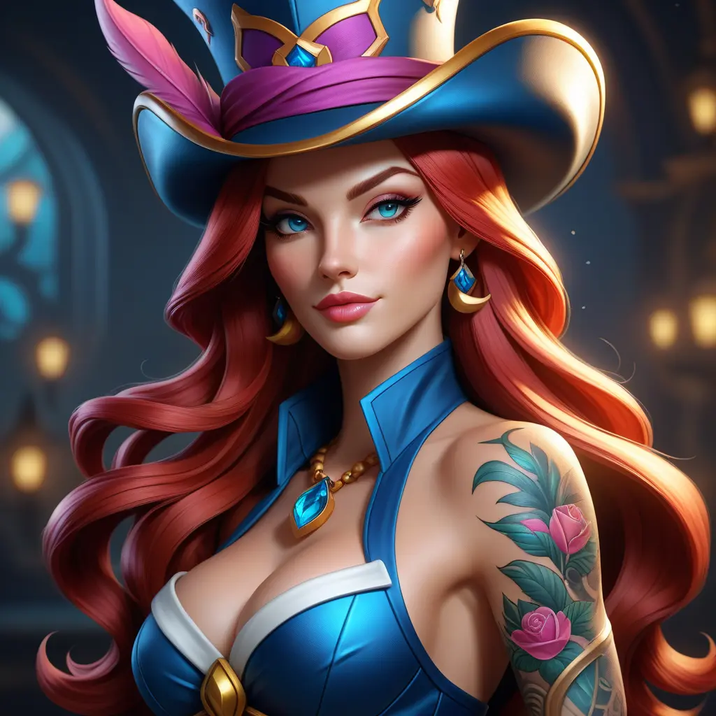 Matte portrait of Miss Fortune from League of Legends with tattoos, 8k, Highly Detailed, Alluring, Artstation, Magical, Digital Painting, Volumetric Lighting, Concept Art by Stanley Artgerm Lau, Greg Rutkowski