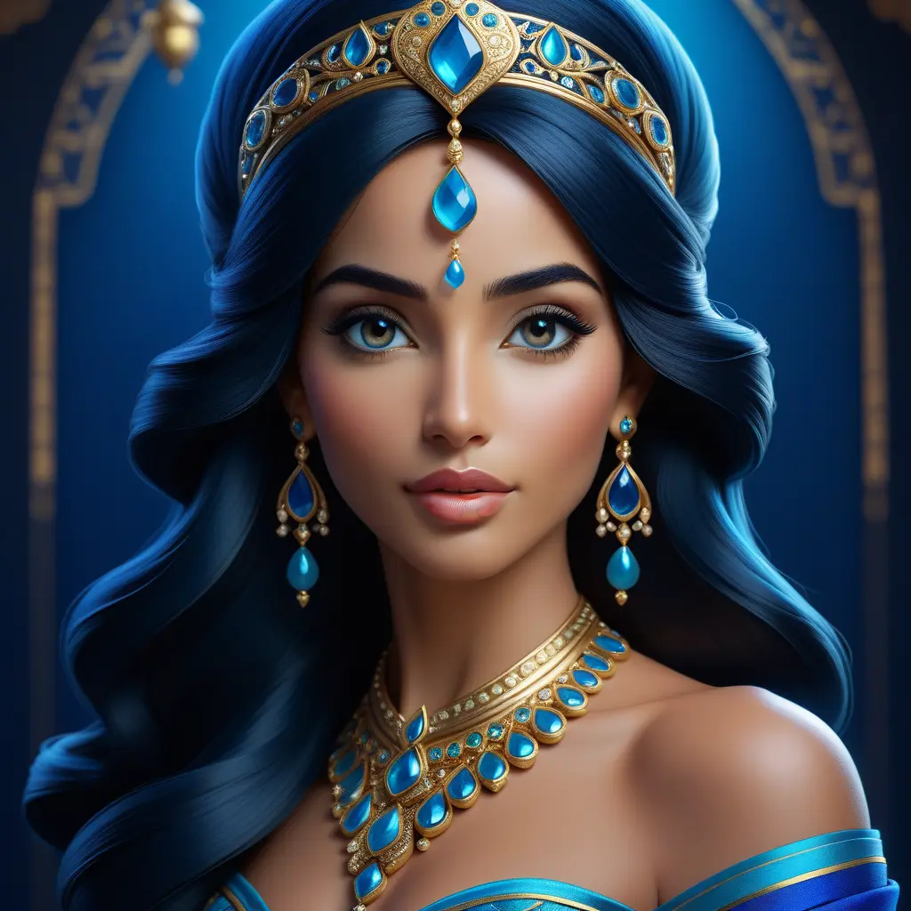 Matte portrait of the beautiful Princess Jasmine in dark blue, 8k, Highly Detailed, Intricate, Realistic, Sharp Focus, Volumetric Lighting, Fantasy, Elegant by Stanley Artgerm Lau, WLOP, Stefan Kostic