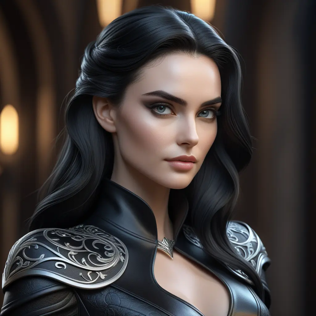 Alluring matte half body portrait of a beautiful Morgana wearing tight black leather, 8k, Highly Detailed, Intricate, Realistic, Sharp Focus, Volumetric Lighting, Fantasy, Elegant by Stanley Artgerm Lau, WLOP