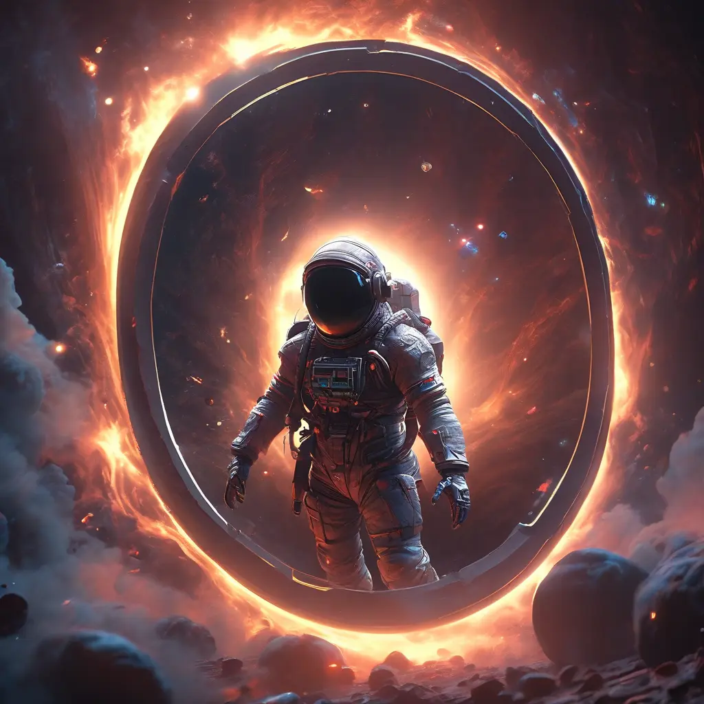 Digital art of Black hole containing strange object astronaut, Sci-Fi, Volumetric Lighting