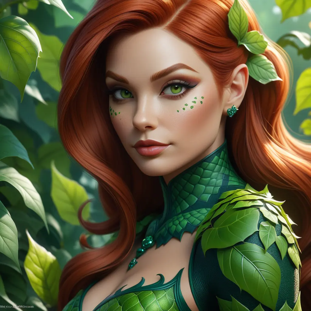 Closeup matte portrait of a tattooed Poison Ivy, 8k, Highly Detailed, Intricate, Artstation, Matte Painting, Sharp Focus, Concept Art by Stanley Artgerm Lau, Greg Rutkowski