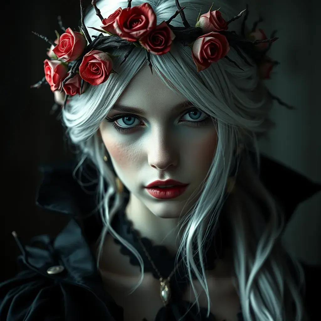 Alluring highly detailed matte portrait of a beautiful white haired vampire with a rose thorn crown in the style of Stefan Kostic, 8k, High Definition, Highly Detailed, Intricate, Half Body, Realistic, Sharp Focus, Fantasy, Elegant