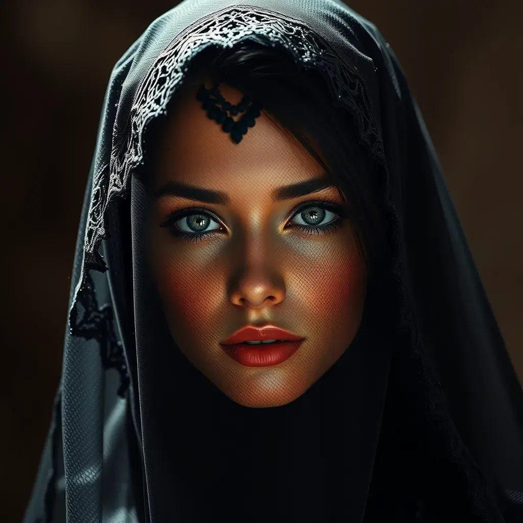 A beautiful veiled Nidalee wearing a lacy black veil, perfect face, Intricate, Half Body, Volumetric Lighting