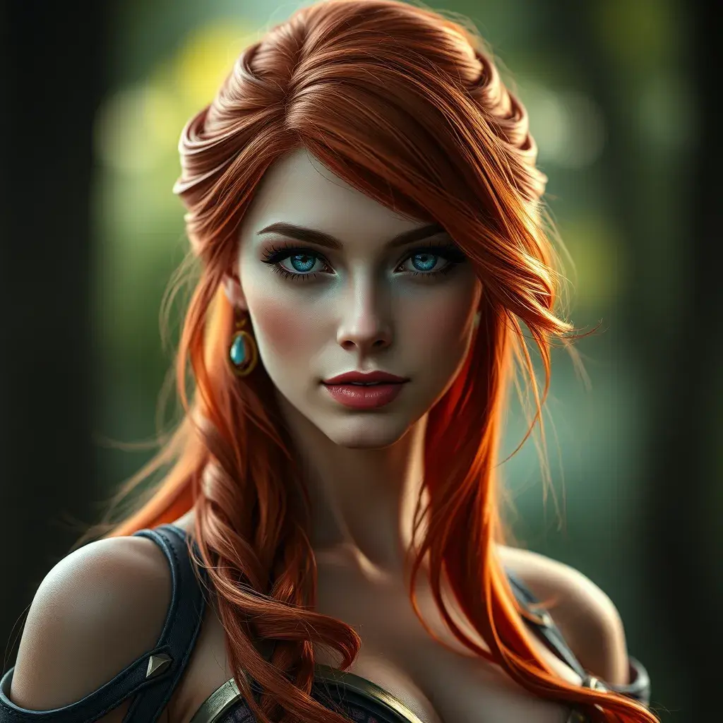 Alluring portrait of a beautiful red haired Katarina from League of Legends, Highly Detailed, Full Body, Bokeh effect, Photo Realistic, Sharp Focus by Stefan Kostic