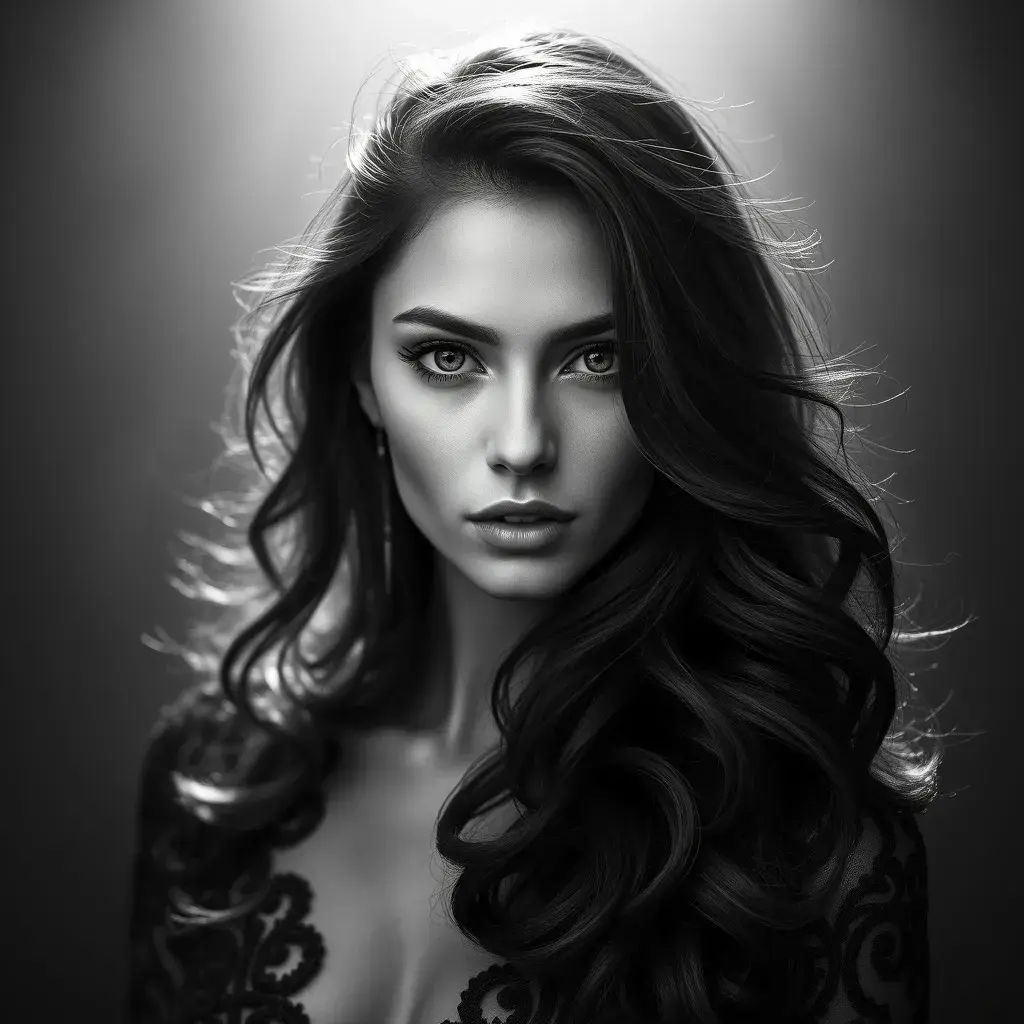 Alluring black and white portrait of a beautiful Nina Dobrev, 8k, Highly Detailed, Intricate, Half Body, Realistic, Sharp Focus, Volumetric Lighting, Fantasy, Elegant by Stanley Artgerm Lau