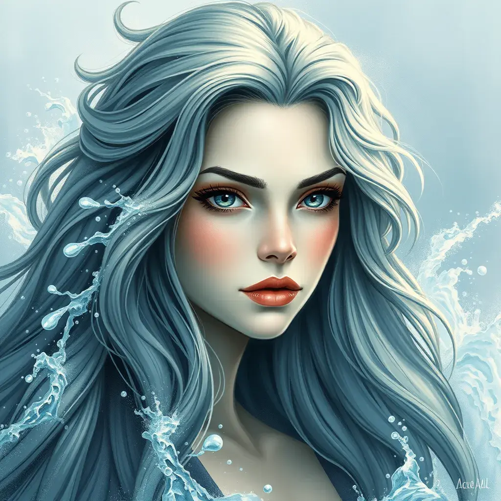 "magical ocean goddess", water, spray, waves, flowing hair, head and shoulders portrait, finely drawn eyes, 8k, Fantasy