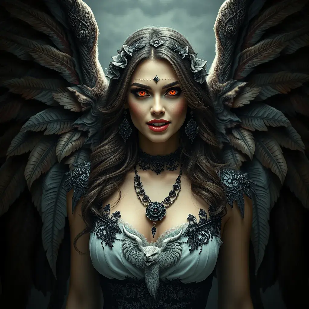 A beautiful winged romanian vampire woman with fangs, red eyes, Intricate Details, Masterpiece, Full Body, Gothic, Photo Realistic, Deviantart, Volumetric Lighting