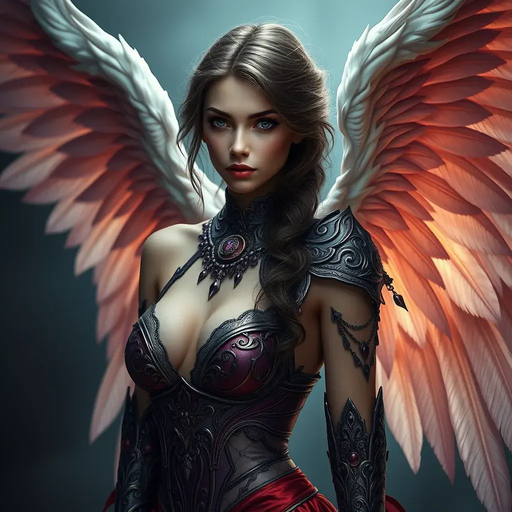 Alluring matte portrait of a beautiful Katarina with wings, 8k, Highly Detailed, Intricate, Half Body, Realistic, Sharp Focus, Volumetric Lighting, Fantasy, Elegant by Stanley Artgerm Lau, Alphonse Mucha, WLOP