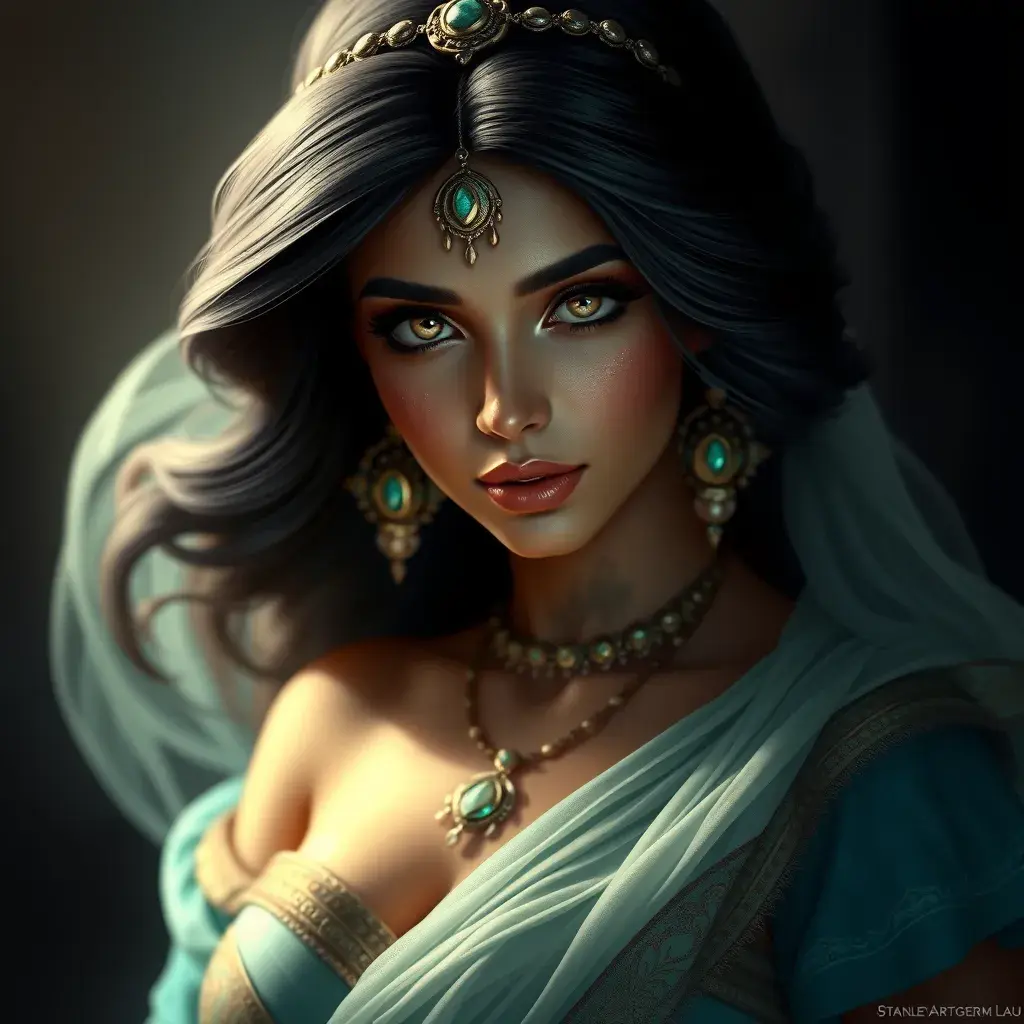 Alluring matte portrait of Princess Jasmine, 4k, 4k resolution, 8k, HD, High Definition, High Resolution, Highly Detailed, HQ, Hyper Detailed, Intricate Artwork, Ultra Detailed, Digital Painting, Matte Painting, Realistic, Sharp Focus, Dim light, Fantasy by Stanley Artgerm Lau