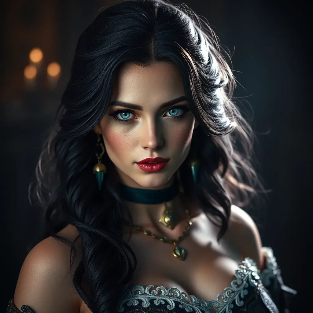 Alluring full body portrait of a beautiful Yennefer in Witcher 3 style, 8k, Highly Detailed, Intricate, Photo Realistic, Sharp Focus, Volumetric Lighting, Fantasy, Elegant