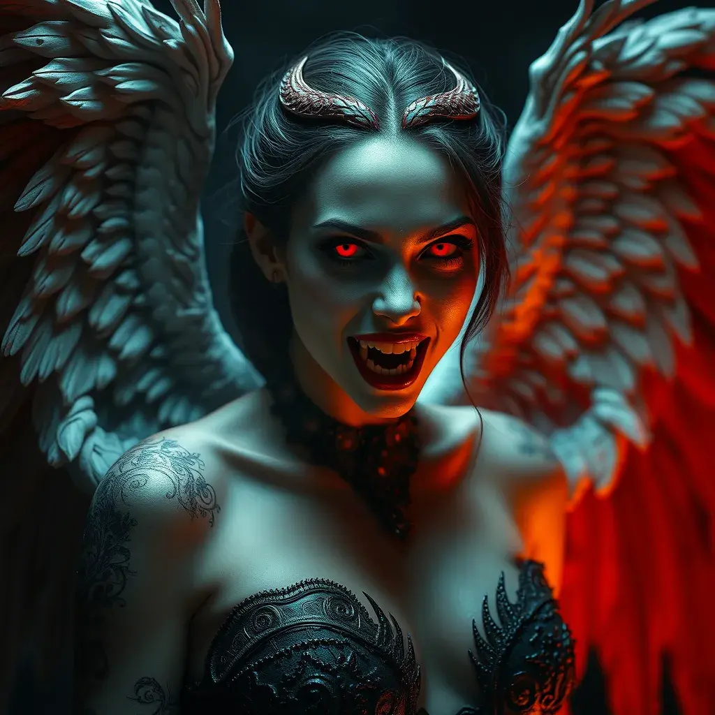 A beautiful winged romanian vampire woman with fangs, red eyes, Intricate Details, Masterpiece, Full Body, Gothic, Photo Realistic, Deviantart, Volumetric Lighting