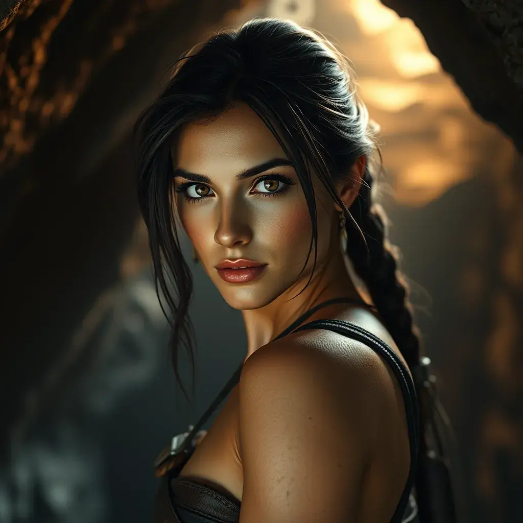 Alluring full body matte portrait of a beautiful Lara Croft in a well lit cave, 8k, Highly Detailed, Intricate, Photo Realistic, Sharp Focus, Volumetric Lighting, Fantasy, Elegant