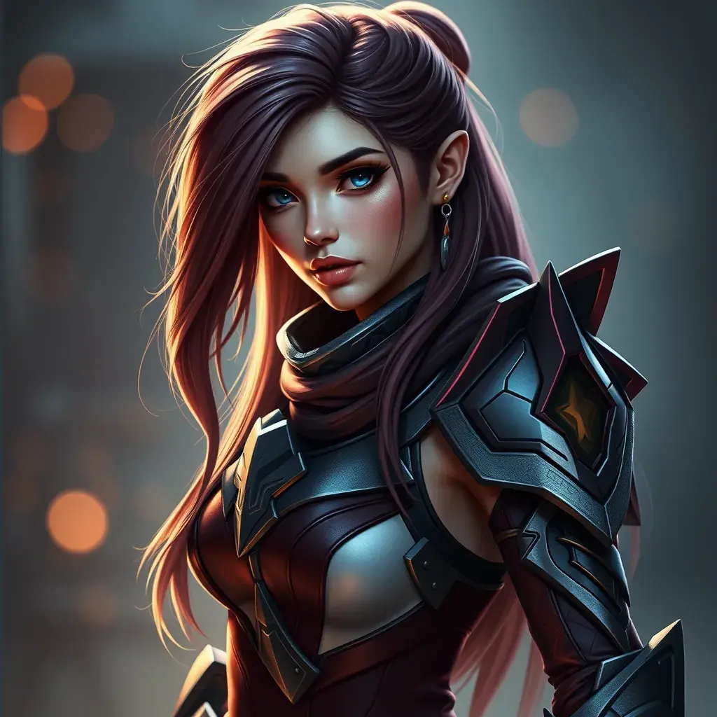 Alluring matte portrait of a beautiful Katarina from League of Legends in her battle suit, Highly Detailed, Full Body, Bokeh effect, Photo Realistic, Sharp Focus by Stefan Kostic