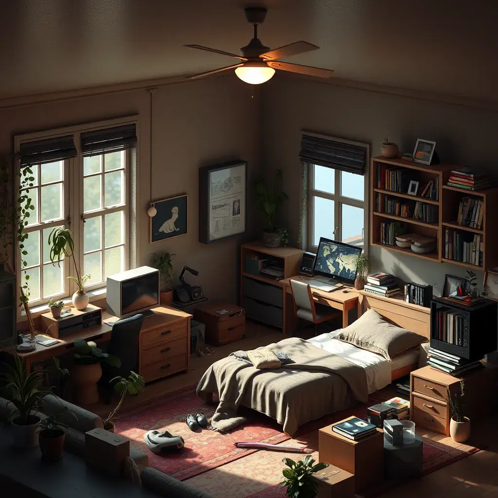 isometric render, messy nostalgic bedroom with a gaming pc, windows, plants bookshelves, desk, 8k, Behance, Dynamic Lighting, Concept Art, 3D art, Muted