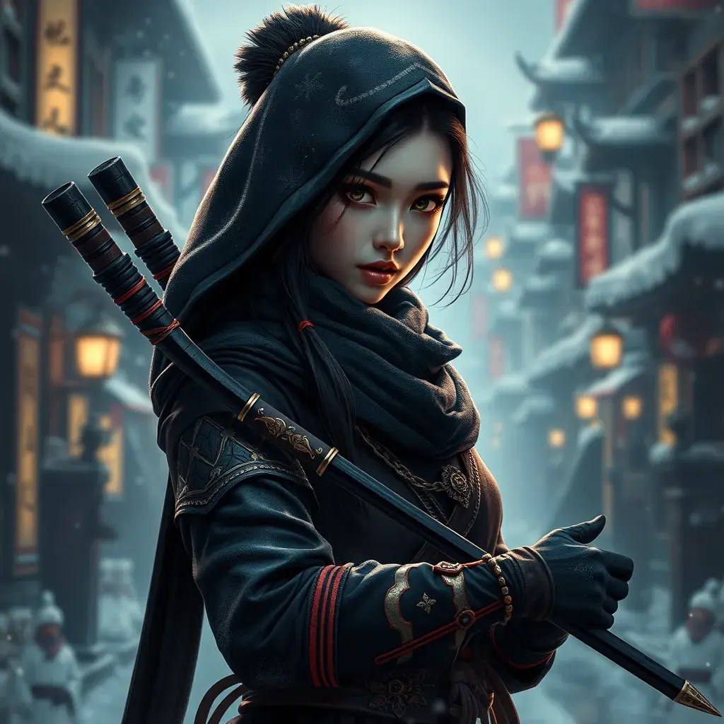 Mysterious beautiful armed kunoichi ninja wearing eyeliner and gold jewelry in the streets of a dark snowy town, 8k, Intricate Details, Trending on Artstation, Beautiful, Stunning, Centered by Stanley Artgerm Lau, WLOP