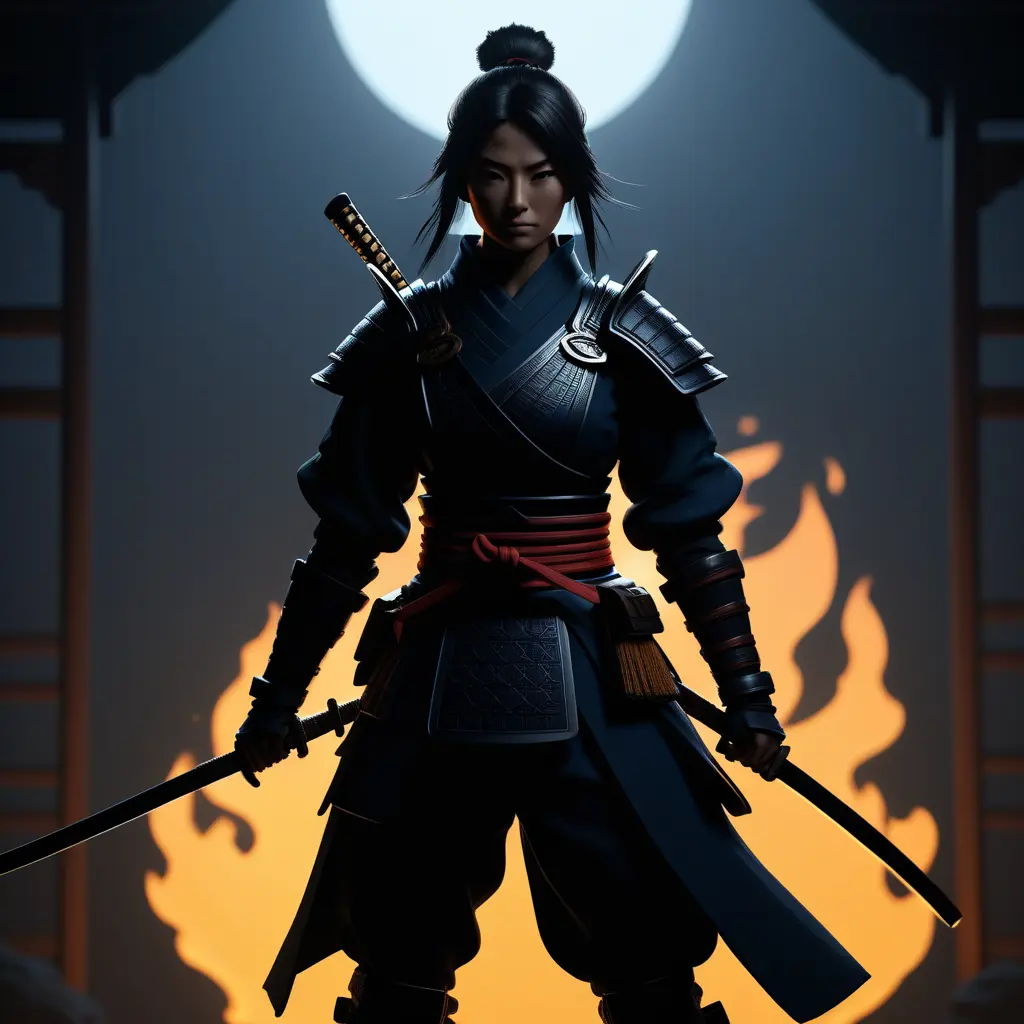 Silhouette of a samurai female assassin in the style of Fire watch, 8k, Dystopian, Trending on Artstation, Volumetric Lighting