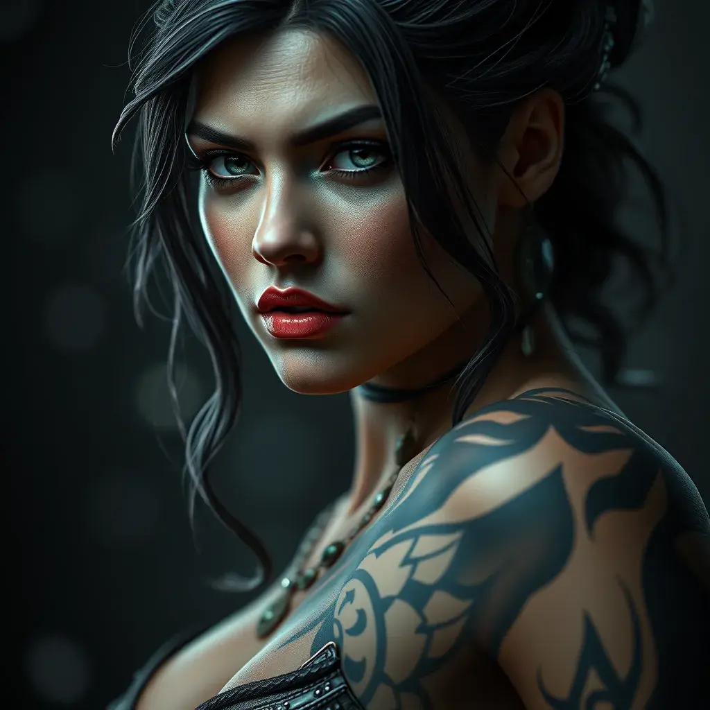 Close up of Morgana with tattoos, 8k, Highly Detailed, Artstation, Bokeh effect, Sharp Focus, Volumetric Lighting, Concept Art by Stanley Artgerm Lau, Greg Rutkowski