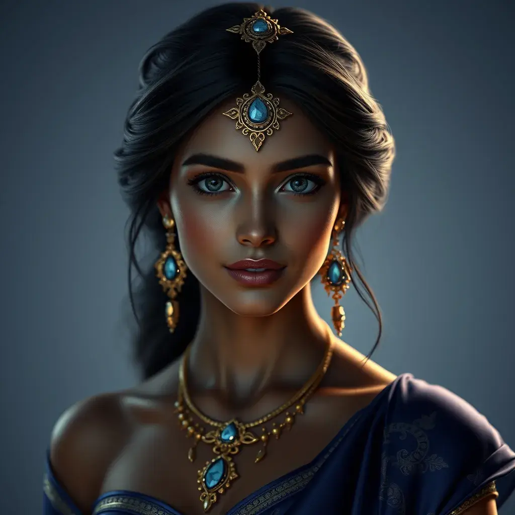 Matte portrait of the beautiful Princess Jasmine in dark blue, 8k, Highly Detailed, Intricate, Realistic, Sharp Focus, Volumetric Lighting, Fantasy, Elegant by Stanley Artgerm Lau, WLOP, Stefan Kostic