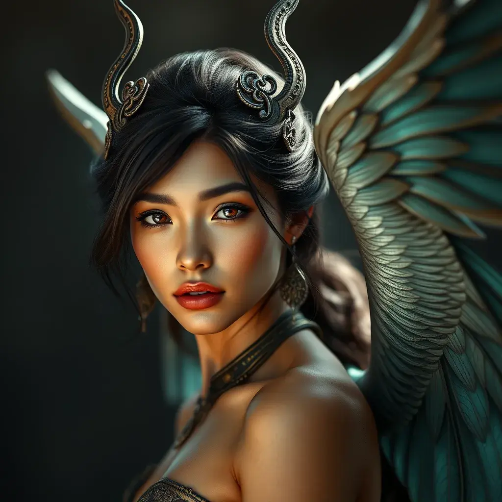 Alluring matte portrait of a beautiful Nidalee with wings, 8k, Highly Detailed, Intricate, Half Body, Realistic, Sharp Focus, Volumetric Lighting, Fantasy, Elegant by Stanley Artgerm Lau, Alphonse Mucha, WLOP