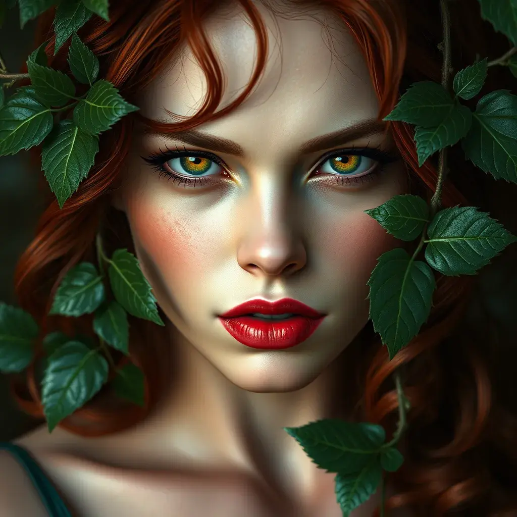 Alluring matte portrait of Poison Ivy in the style of Stefan Kostic, 8k, Highly Detailed, Intricate, Half Body, Matte Painting, Realistic, Sharp Focus, Fantasy by Greg Rutkowski