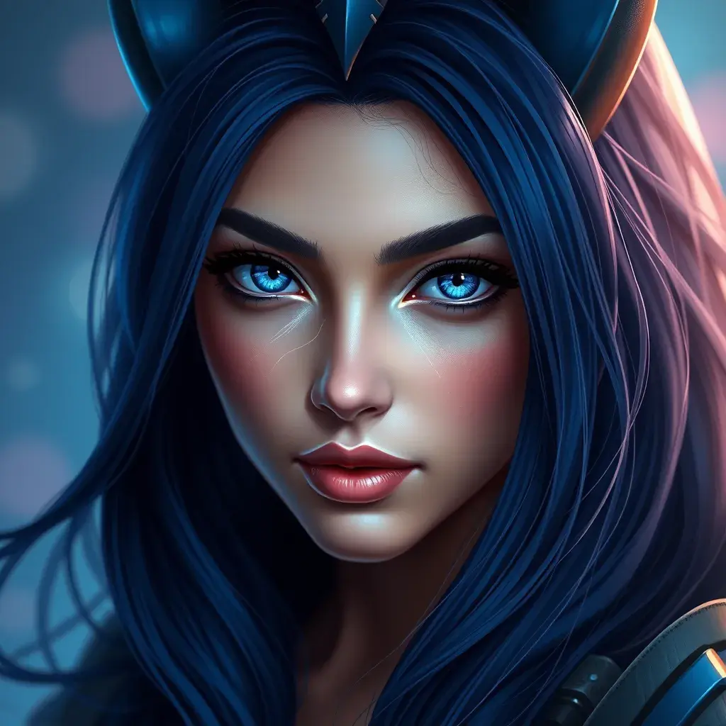 Alluring matte portrait of a beautiful Irelia from League of Legends in Blue, Highly Detailed, Half Body, Bokeh effect, Photo Realistic, Sharp Focus by Stefan Kostic