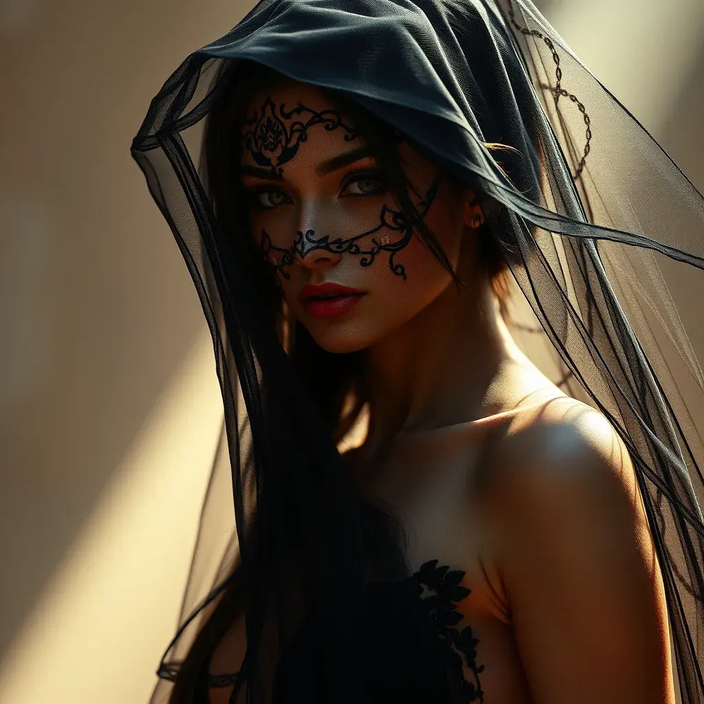 An alluring beautiful veiled Nidalee wearing a black veil, Intricate, Half Body, Volumetric Lighting, Elegant