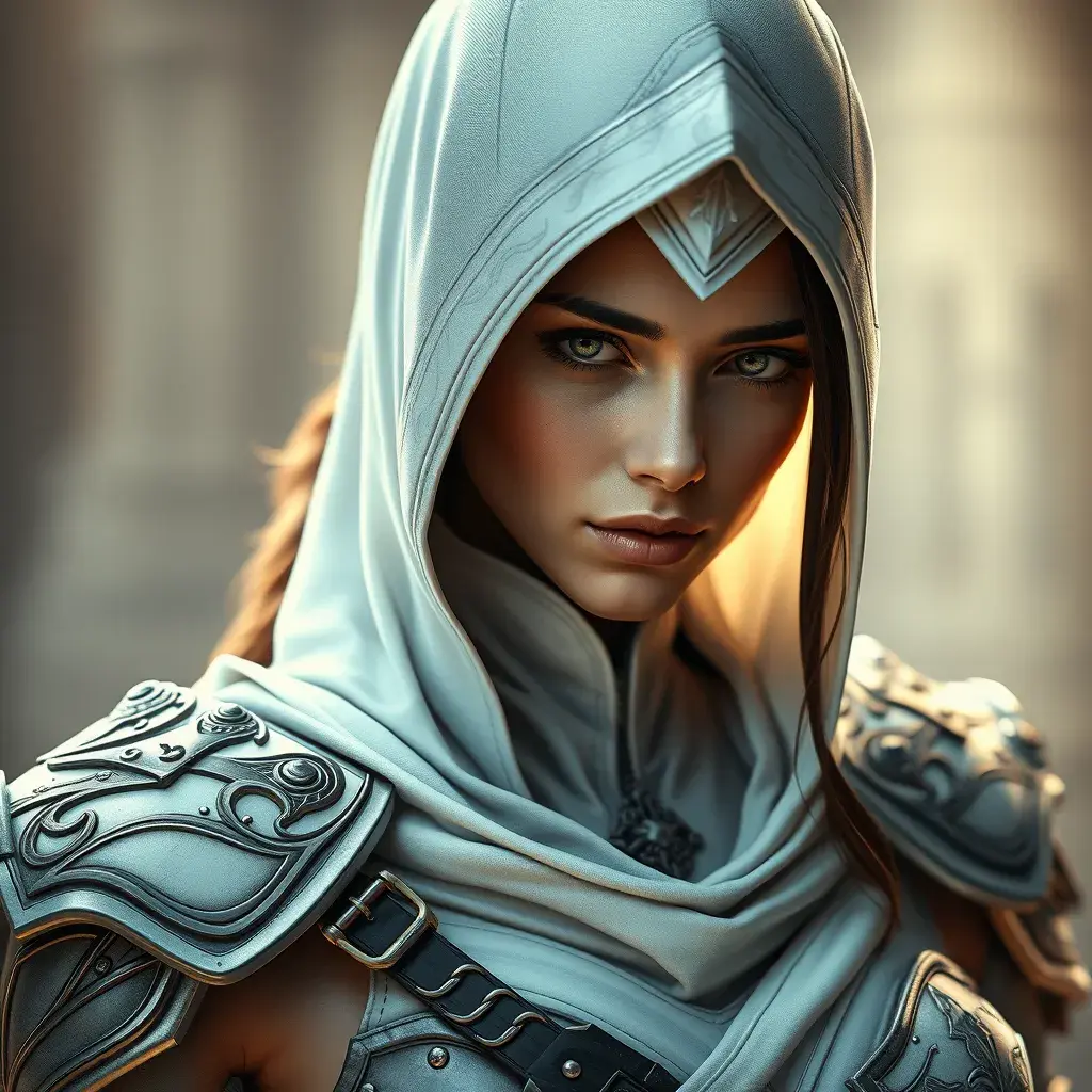 Alluring matte portrait of a beautiful Kassandra in white Assassin's Creed armor, 8k, Highly Detailed, Intricate, Half Body, Realistic, Sharp Focus, Volumetric Lighting, Fantasy, Elegant by Stanley Artgerm Lau, Alphonse Mucha, WLOP