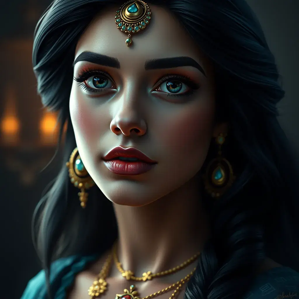 Alluring matte portrait of Princess Jasmine in the style of Stefan Kostic, 4k, 4k resolution, 8k, HD, High Definition, High Resolution, Highly Detailed, HQ, Hyper Detailed, Intricate Artwork, Ultra Detailed, Digital Painting, Matte Painting, Realistic, Sharp Focus, Dim light, Fantasy