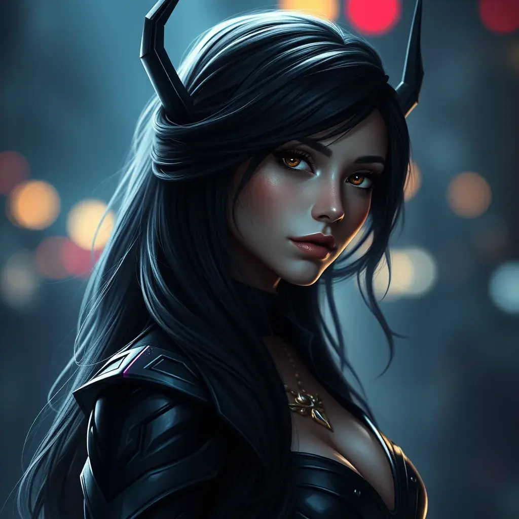 Alluring portrait of a beautiful Irelia from League of Legends in Black, Highly Detailed, Half Body, Bokeh effect, Photo Realistic by Stefan Kostic