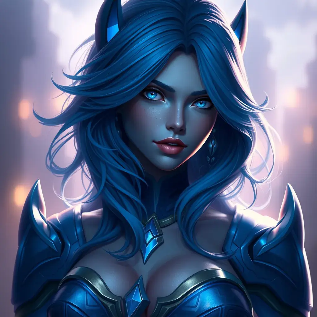 Alluring matte portrait of a beautiful Sona from League of Legends in blue, Half Body, Realistic, Volumetric Lighting, Fantasy by Stanley Artgerm Lau