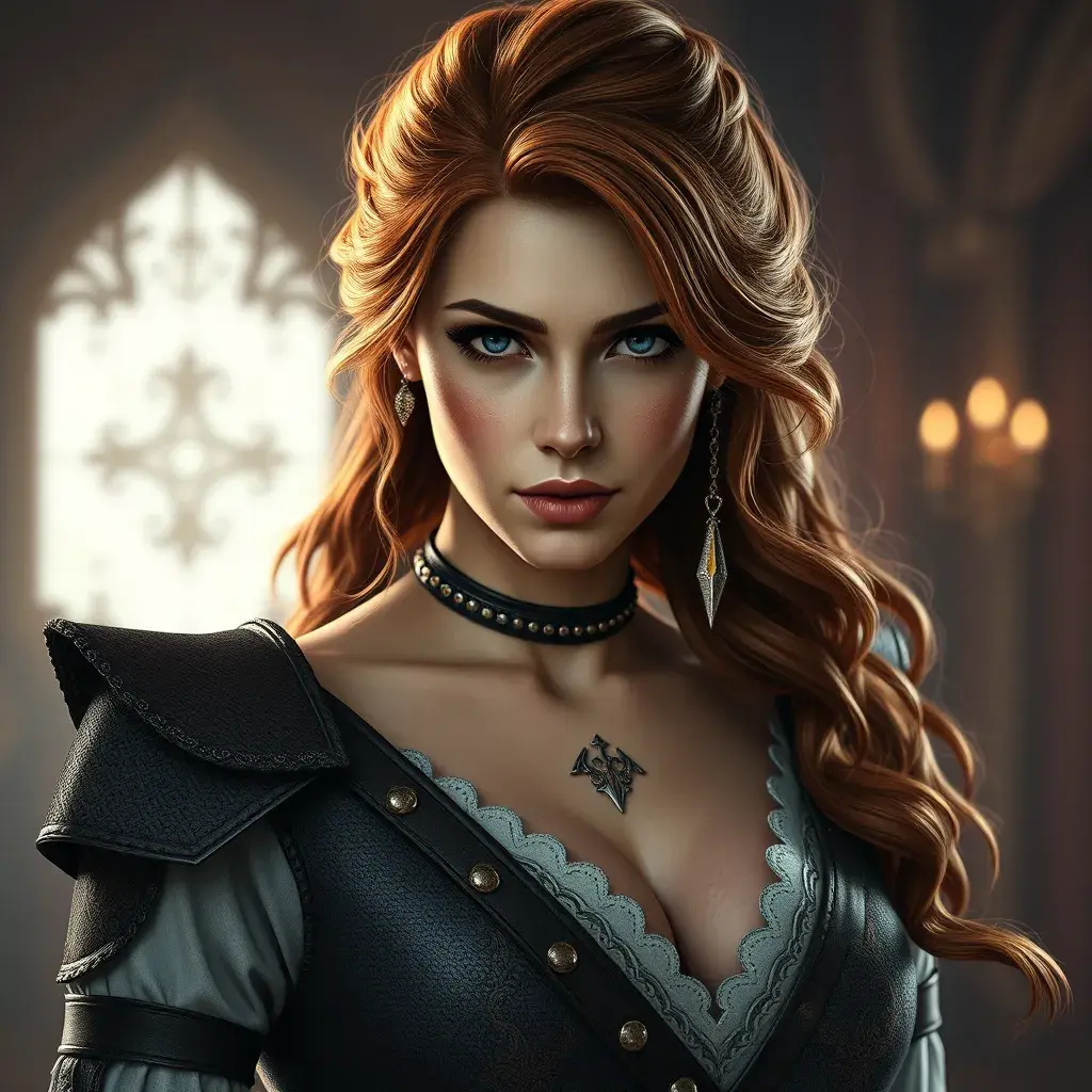 Alluring full body portrait of a beautiful Triss Merrigold in Witcher 3 style, 8k, Highly Detailed, Intricate, Photo Realistic, Sharp Focus, Volumetric Lighting, Fantasy, Elegant