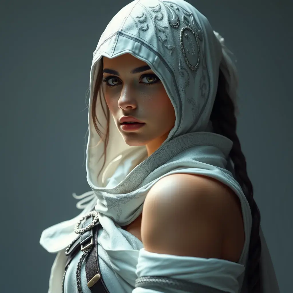 Alluring matte portrait of a beautiful Kassandra in white Assassin's Creed style, 8k, Highly Detailed, Intricate, Half Body, Realistic, Sharp Focus, Volumetric Lighting, Fantasy, Elegant