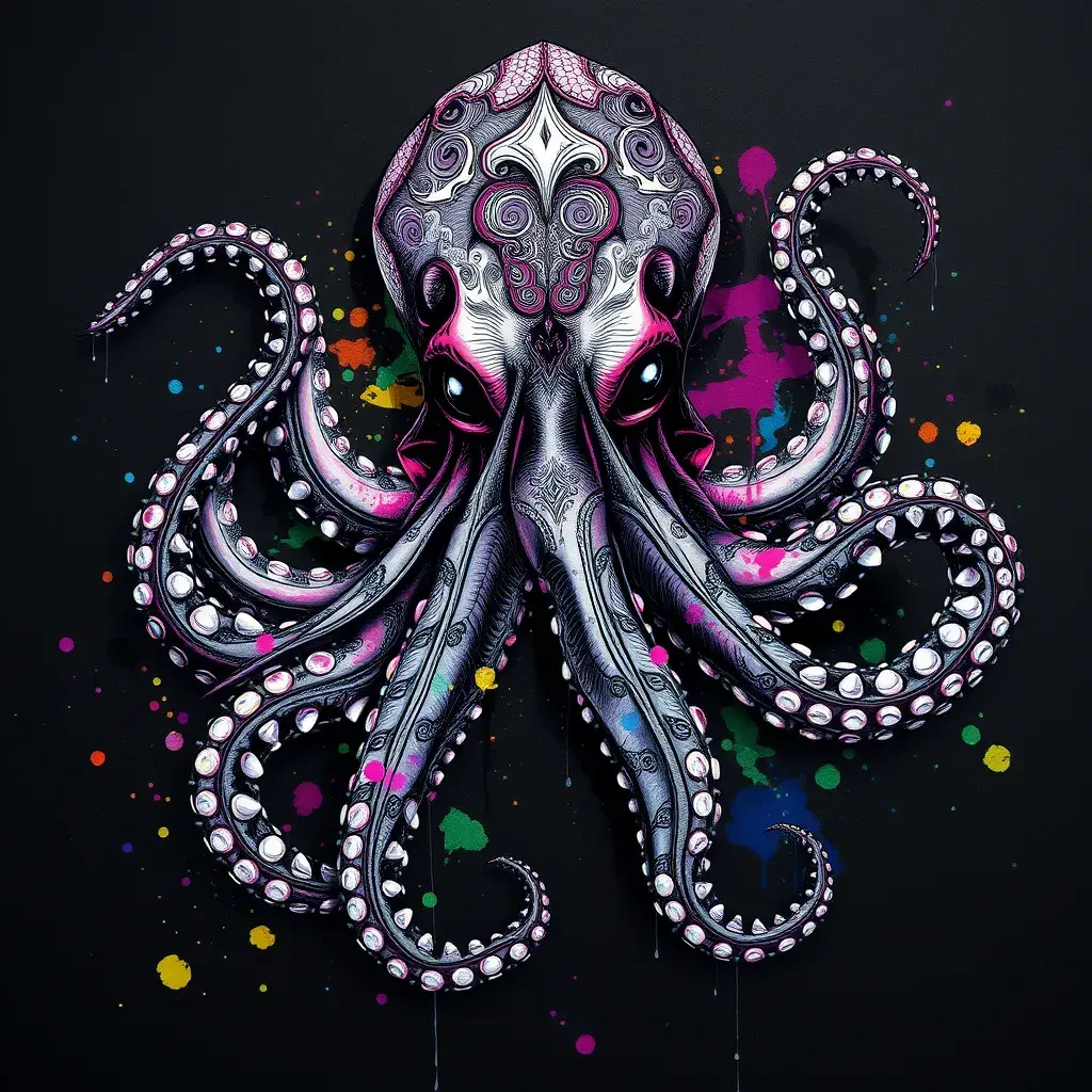 Octopus, Highly Detailed, Intricate, Color Splash, Ink Art, Fantasy, Dark