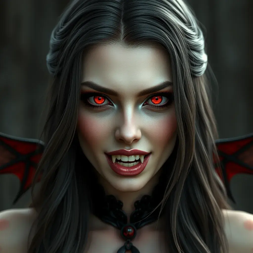 A beautiful romanian vampire woman with penetrating red bright eyes, long fangs, perfect face, 8k, Hyper Detailed, Intricate Details, Masterpiece, Contemporary, Full Body, Trending on Artstation, Gothic, Deviantart, Concept Art by Stefan Kostic