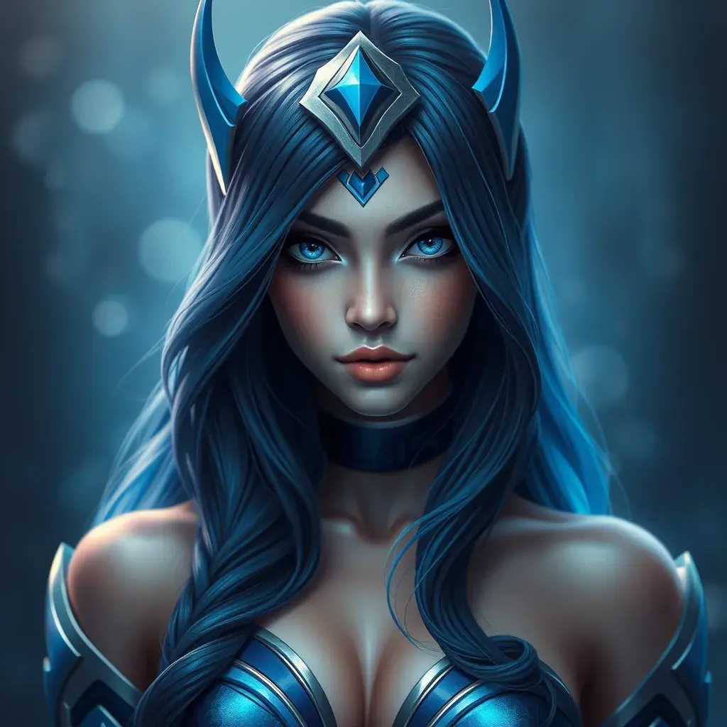 Alluring portrait of a beautiful Irelia from League of Legends in Blue, Highly Detailed, Half Body, Bokeh effect, Photo Realistic, Sharp Focus by Stefan Kostic