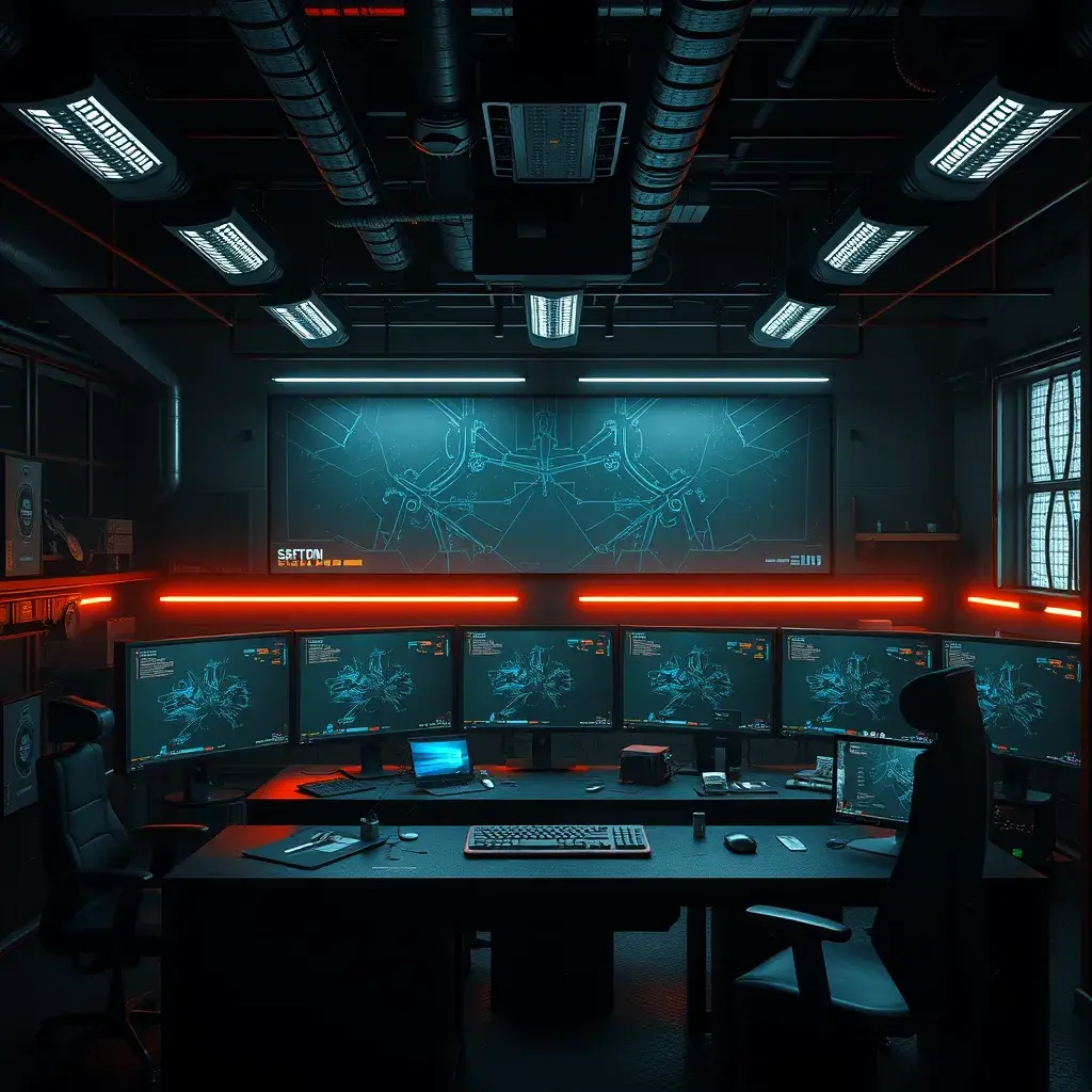 A dark industrial desk from the future with many monitors, Photo Realistic, Volumetric light effect, Octane Render, Unreal Engine, Ambient Occlusion, Maximalism, Industrial by Beeple